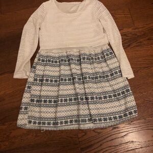 Pleated A-Line Dress in White and Blue with Long Cuffed Sleeves